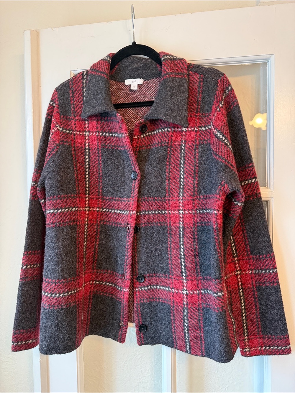 J.Jill Gray & Red Plaid Button-Up Sweater Cardigan